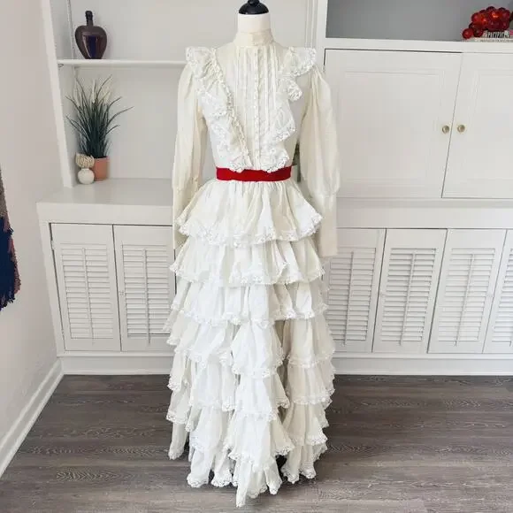 Vintage 50s Handmade Ivory Swiss Dot Lace Tiered Ruffle High Neck Dress Size S/6 - Picture 2 of 10
